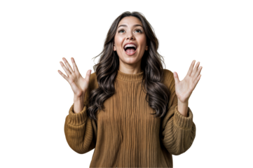 young woman expressing extreme excitement against a plain png transparent no background concept they have long wavy dark brown hair cascading past their shoulders and are wearing a textured brown