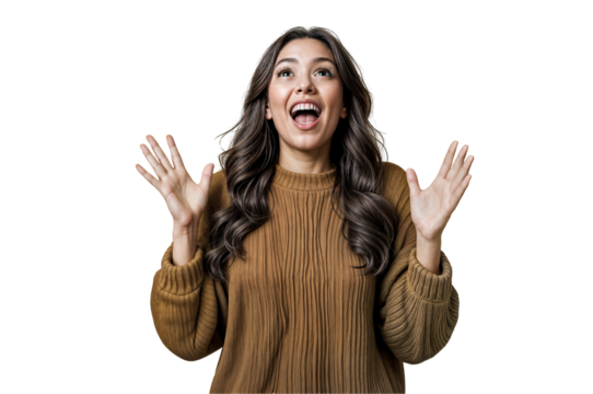 young woman expressing extreme excitement against a plain png transparent no background concept they have long wavy dark brown hair cascading past their shoulders and are wearing a textured brown