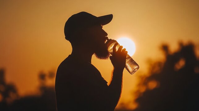 Silhouette of a man drinking water under extreme summer heat with strong sun glare and dry atmosphere, representing hydration, heatwave, and outdoor survival in hot weather conditions.