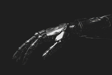 Futuristic robotic hand and arm on a black background illustrating technological advancements.