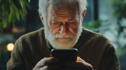 An older man intently looking at a modern smartphone screen