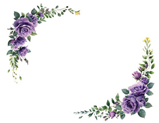 Vector watercolor flower border.Spring purple roses flower frame with leaves,yellow grass flowers. Cards,invitations,decorative border wreath.Wedding, mother's day,valentine's day,Women's Day,friendly