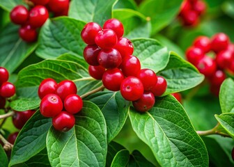 Obraz premium Close-up Red Berries European Fly Honeysuckle Lonicera Xylosteum Stock Photo