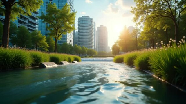City park river with sunrise and skyscrapers