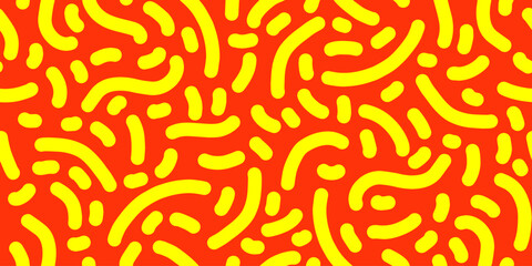 Fun colorful line doodle seamless pattern for kids birthday party or celebration background, trendy design with scribble shapes on black backdrop