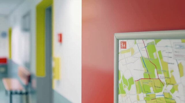 Red emergency evacuation route map prominently displayed on vibrant red door, highlighting building safety protocol and guidance for occupants in institutional environment