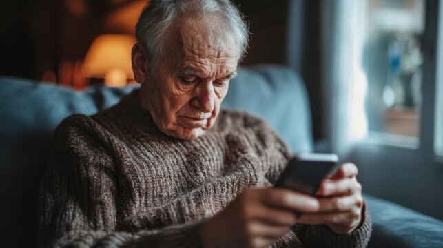 An elderly man uses a smartphone while sitting indoors