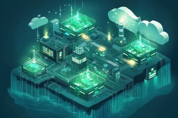 Futuristic Digital Cityscape with Neon Lights and Technology Elements