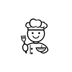 Minimalist cartoon chef icon with hat, fork, and bowl in hand, outlined on white background, symbolizing culinary expertise and charm. Perfect for menus, foodie branding, and kitchen-themed designs.