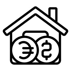 Coins at house line icon, real estate market concept. Vector graphics. Cottage house and money, housing sign on white background, style mobile or design.