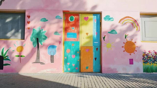 Vibrant pink wall decorated with colorful children's drawings featuring palm trees, sun, rainbow, and flowers near school entrance, showcasing childhood creativity