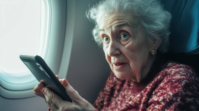 An elderly woman looks surprised holding a digital tablet