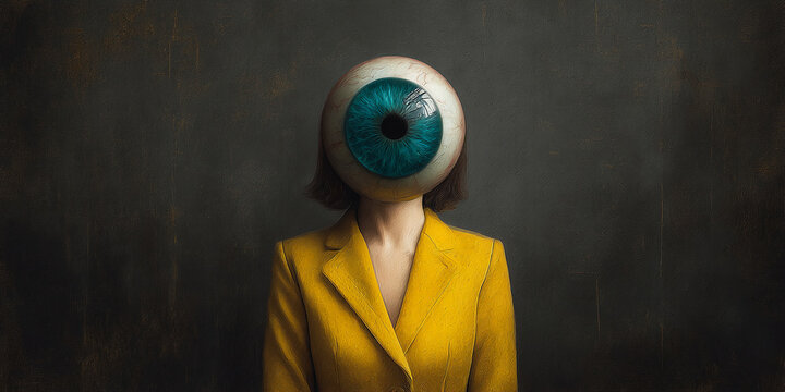 Woman in yellow blazer, her head replaced by a large, teal eye, against a dark gray background, symbolizing observation, perspective, or unseen truth