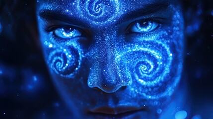 Matariki Day, mystical blue face design blended with vibrant cosmic patterns and swirling galaxies