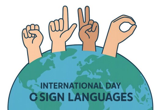 illustration for International Day of Sign Languages showing hands forming sign language symbols over a globe, raising awareness for linguistic rights and communication inclusion