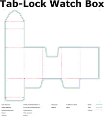 Tab Lock Die Cut Template For Watch Box Packaging Design And Product Presentation Mockup With Dimensions