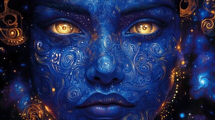 Matariki Day, mystical blue face design blended with vibrant cosmic patterns and swirling galaxies