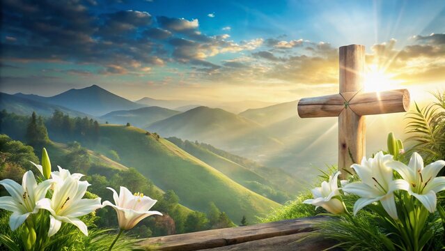 Easter Cross, Lilies & Mountain Serenity: Spring Holiday Stock Photo