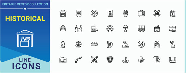 Historical line icon. Contain linear symbols exhibition, antiquity, art, old, archaeologic, heritage and more. Antiques modern icon. Minimalist icons collection. Editable stroke. Pixel Perfect.