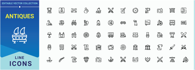 Antiques icon collection. Containing archaeologic, history, culture, art, historical and more. Modern linear icons. Antiquity modern icon set. Art and illustration.
