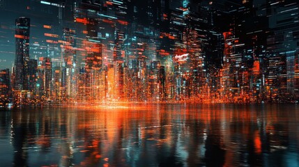 Fototapeta premium Futuristic cityscape with bright orange glow reflecting on water surface at night.