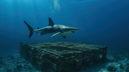 Fototapeta premium An underwater image of a shark swimming near a structure