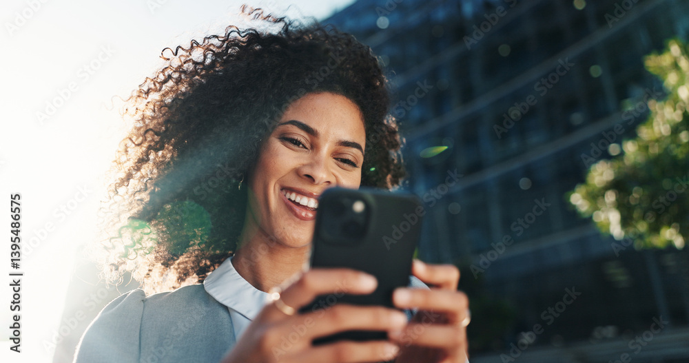 Poster Smile, phone and business with woman in city for stock market report, reading and invest on web. Trader portfolio, communication and client chat with low angle for mobile application and networking