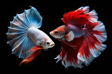Fototapeta premium Fiery Red & White Siamese Fighting Fish Duel on Black Background - Stock Photo