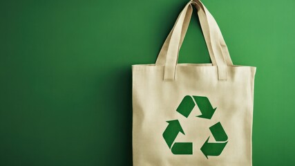 Tote bag with recycle symbol on green background promotes eco-friendly lifestyle.