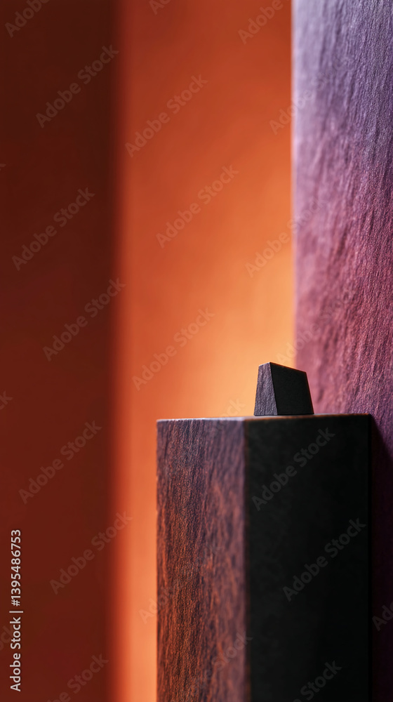 Aufkleber dark gray geometric shape on a textured dark gray block against orange and purple walls, showcasing 