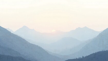 Misty Blue Mountain Landscape at Sunset with Soft Light Haze