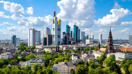 Naklejka premium Frankfurt Skyline Cityscape With Skyscrapers And Green Spaces