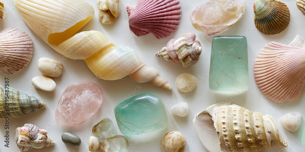 Poster seashells, stones, and polished gems arranged on white background create a calming beach aesthetic, 