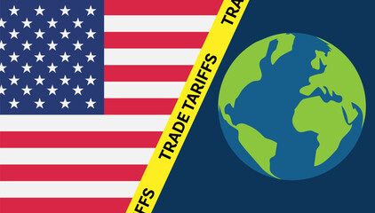 Fototapeta premium Flags of US and earth with yellow ribbon and trade tariffs text; ideal for articles, blogs, presentations on trade conflicts.