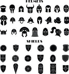 Big set of icons of medieval armor, black and white