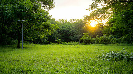 Fototapeta premium Sunset Meadow Park Landscape With Trees And Grass
