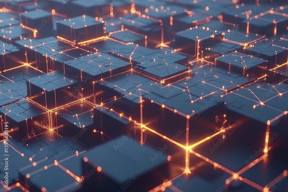 Wall mural glowing futuristic blocks with network connections and sparkles