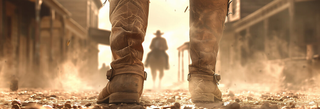 a Western gunfight at the moment when the duelists have just drawn their guns, The framing captures the scene from a low angle, positioned between the legs