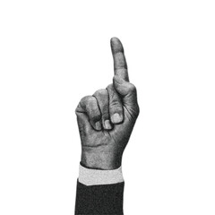 business man finger pointer, pointing somewhere. Halftone style vector isolated on white background.