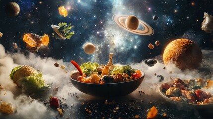 Creative depiction of a cosmic salad and other food items