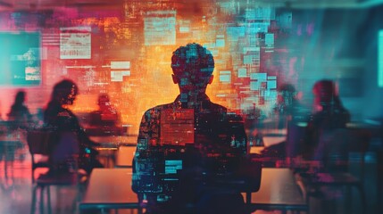 People sit at a table with abstract colorful data visualizations in the background.