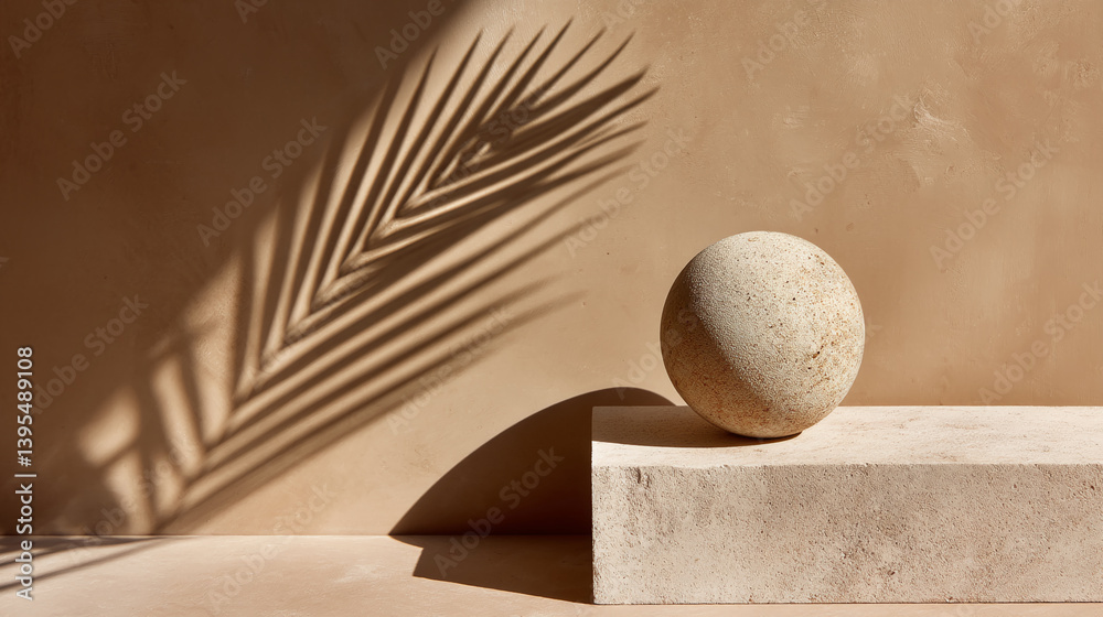 Poster beige textured sphere on a light beige cube against a neutral background, palm leaf shadow adds a na