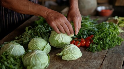 Hands prepare cabbage amidst fresh vegetables on a rustic wooden table.