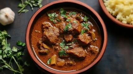 Savory Spiced Meat Dish Served in a Clay Pot with Fresh Herbs