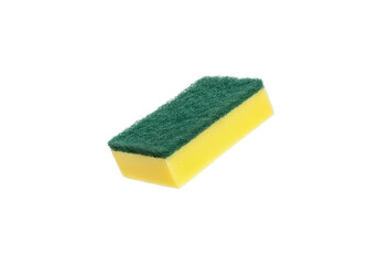 A floating dishwashing sponge, horizontally aligned, on a solid white background