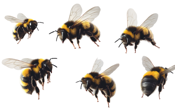 Realistic photo of bumblebees flying, transparent background