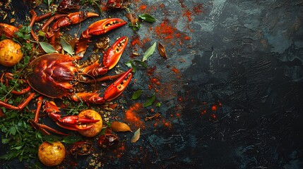 Fresh Seafood Arrangement with Crab, Spices, and Herbs on Dark Background