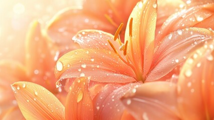 Fototapeta premium Close-up of peach lilies with water droplets, soft focus, and bright light.