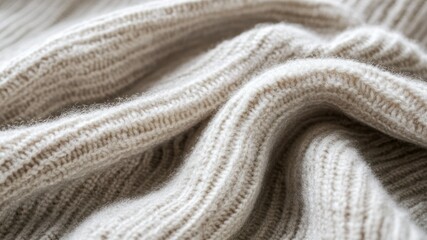Close up of a beige knitted wool texture of a cozy sweater