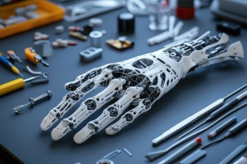Macro view of a partially assembled 3D-printed prosthetic limb with mechanical joints and connectors on a sterile lab surface